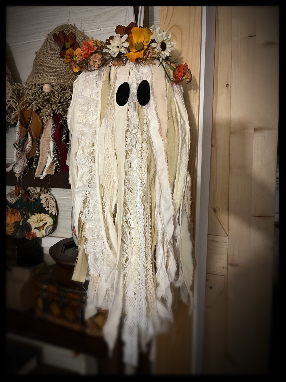 Cream Boho Floral Ghost Wall Hanging shabby chic